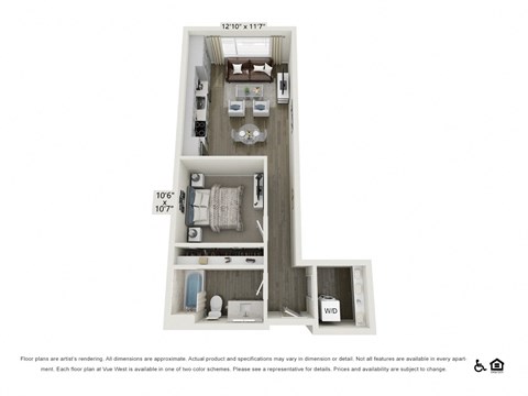 Floor plan for studio, 1 bath, 612 sqft
